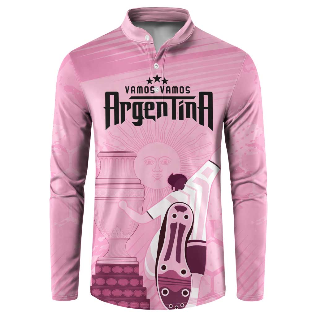 Pink button-front sweatshirt with striped pattern and large front graphic