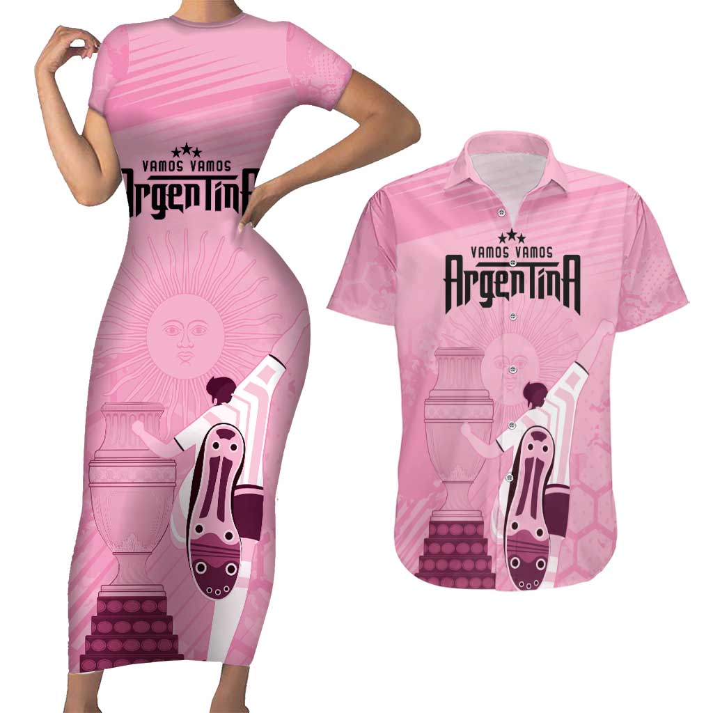 Argentina Football Couples Matching Short Sleeve Bodycon Dress and Hawaiian Shirt Campeones De la Historia - Pink Style LT9 - Wonder Print Shop