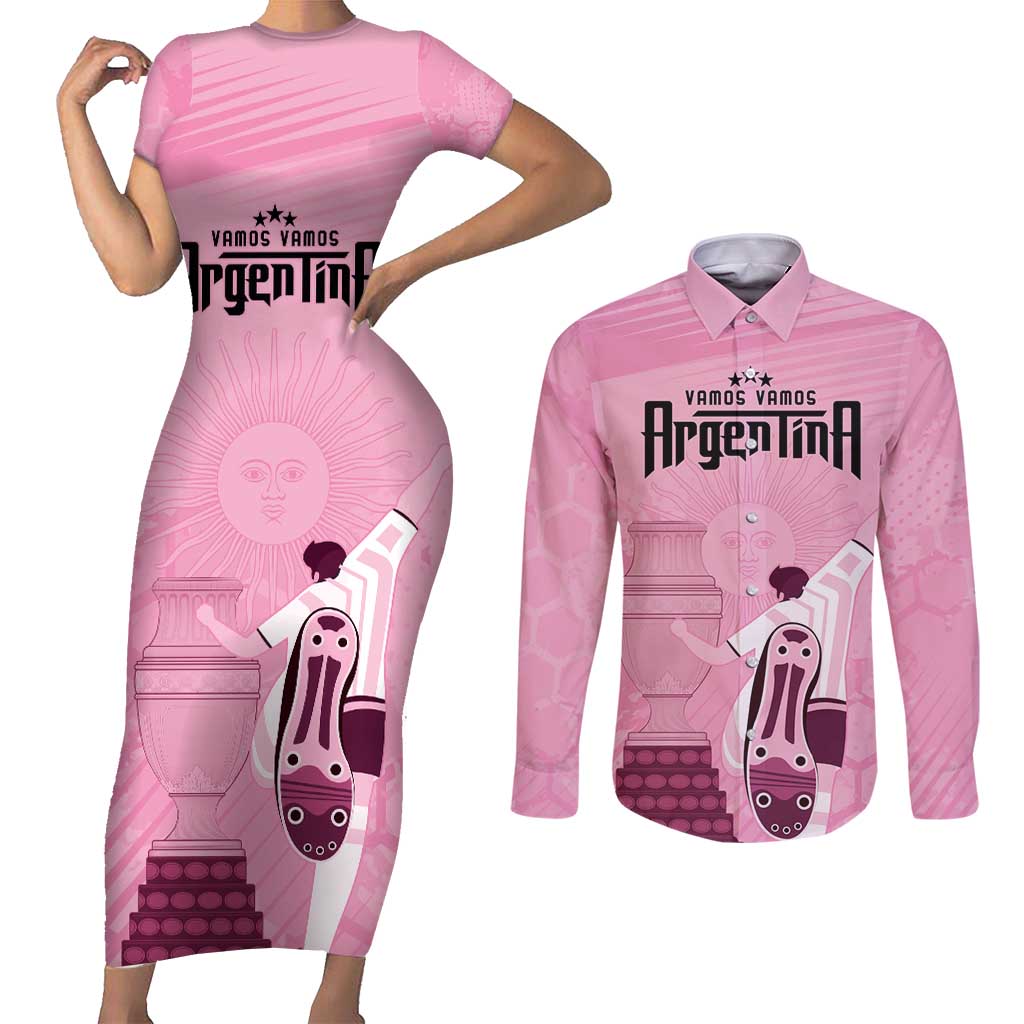 Argentina Football Couples Matching Short Sleeve Bodycon Dress and Long Sleeve Button Shirt Campeones De la Historia - Pink Style LT9 - Wonder Print Shop