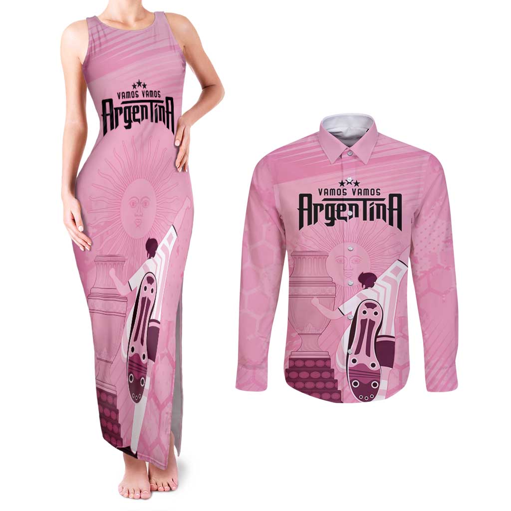 Argentina Football Couples Matching Tank Maxi Dress and Long Sleeve Button Shirt Campeones De la Historia - Pink Style LT9 - Wonder Print Shop