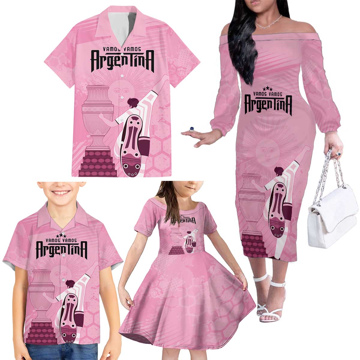 Argentina Football Family Matching Off The Shoulder Long Sleeve Dress and Hawaiian Shirt Campeones De la Historia - Pink Style - Wonder Print Shop