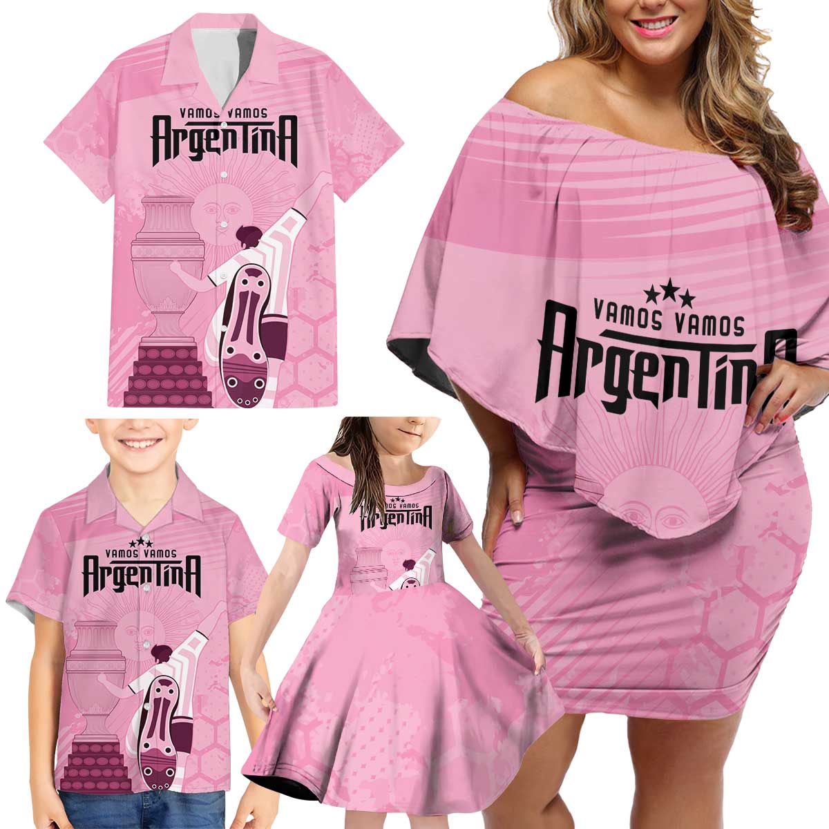 Argentina Football Family Matching Off Shoulder Short Dress and Hawaiian Shirt Campeones De la Historia - Pink Style LT9 - Wonder Print Shop