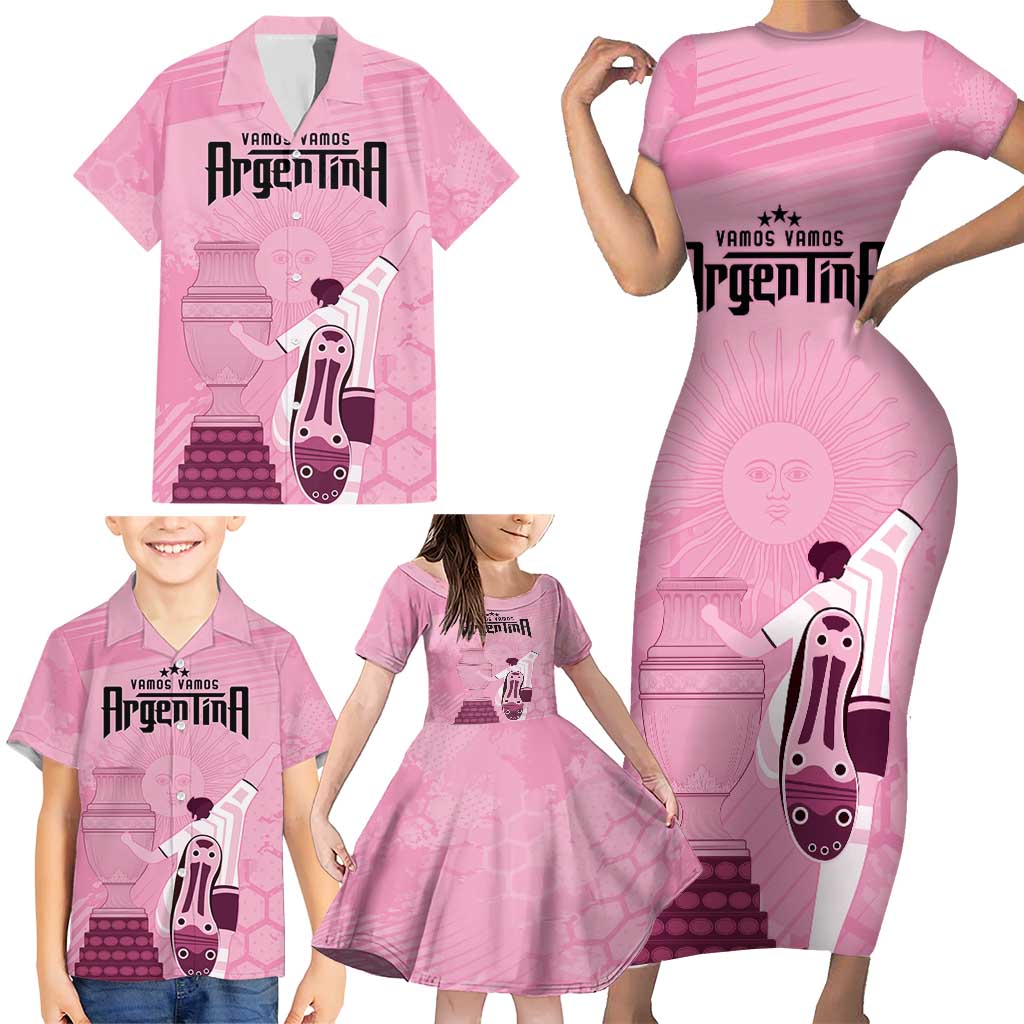 Argentina Football Family Matching Short Sleeve Bodycon Dress and Hawaiian Shirt Campeones De la Historia - Pink Style - Wonder Print Shop