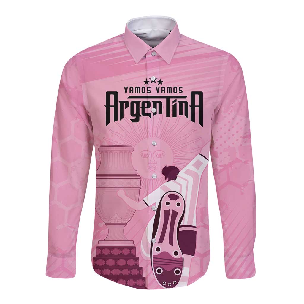 Pink long-sleeve button football shirt with large front graphic and collar.