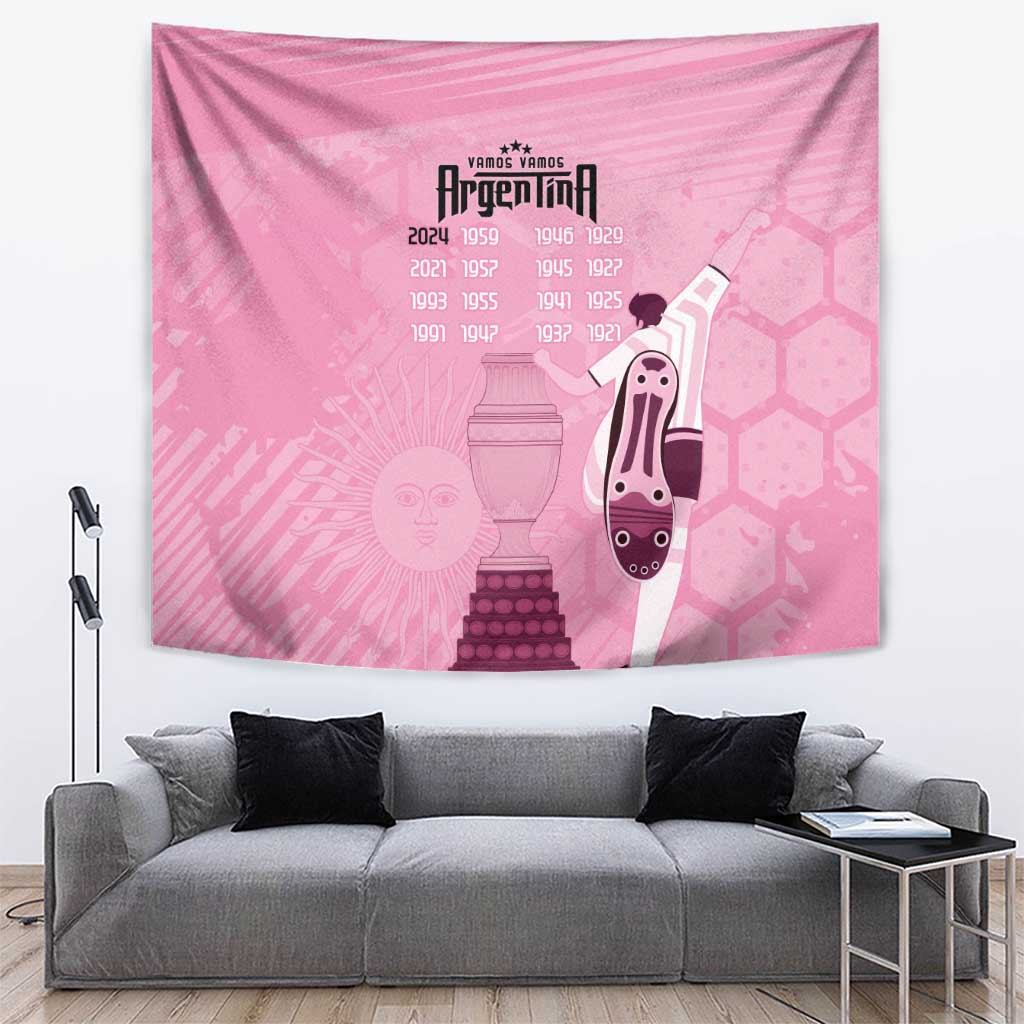 Pink football wall tapestry with trophy and football-themed graphic