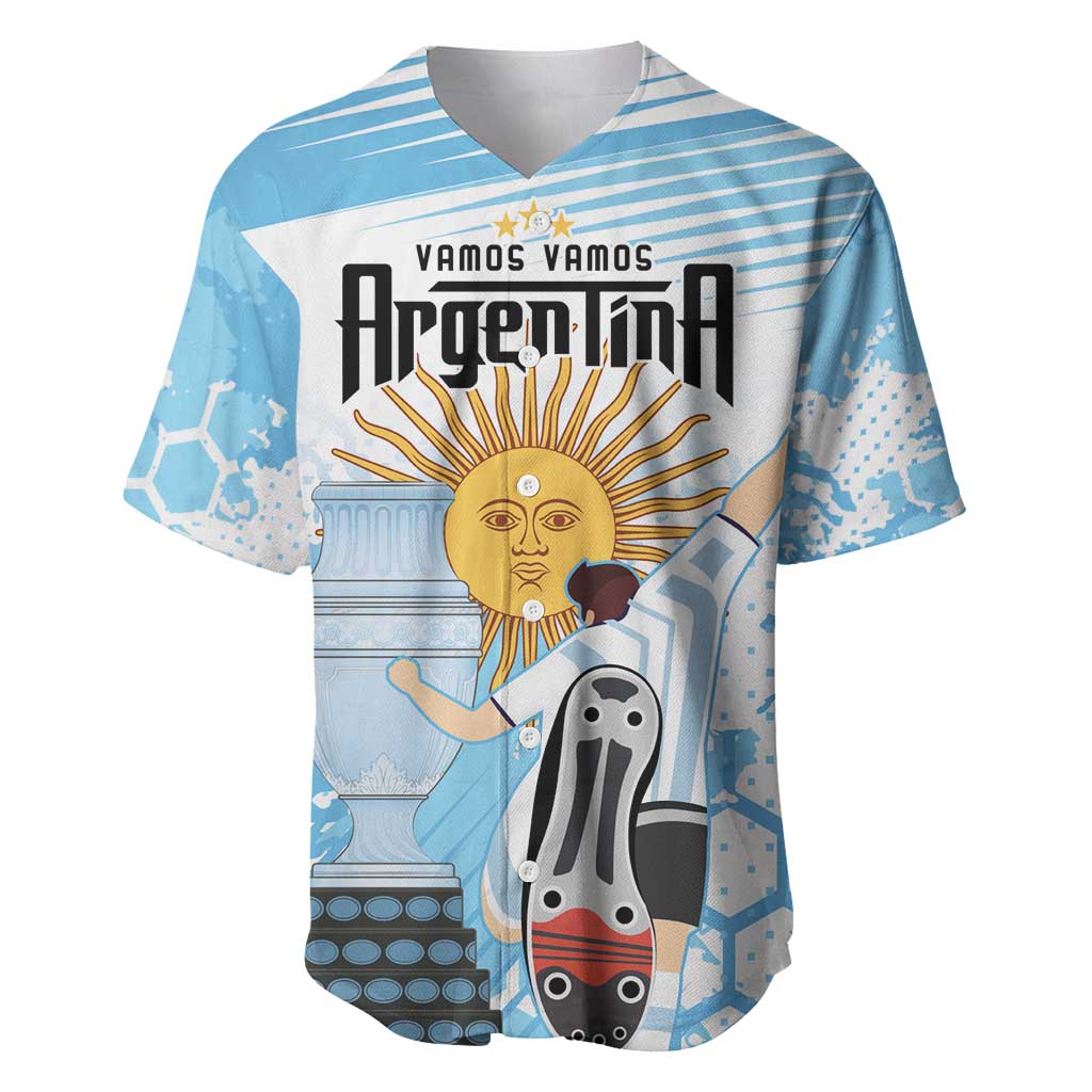 Blue baseball jersey with 'VAMOS VAMOS' front graphic, geometric icons, and v-neck