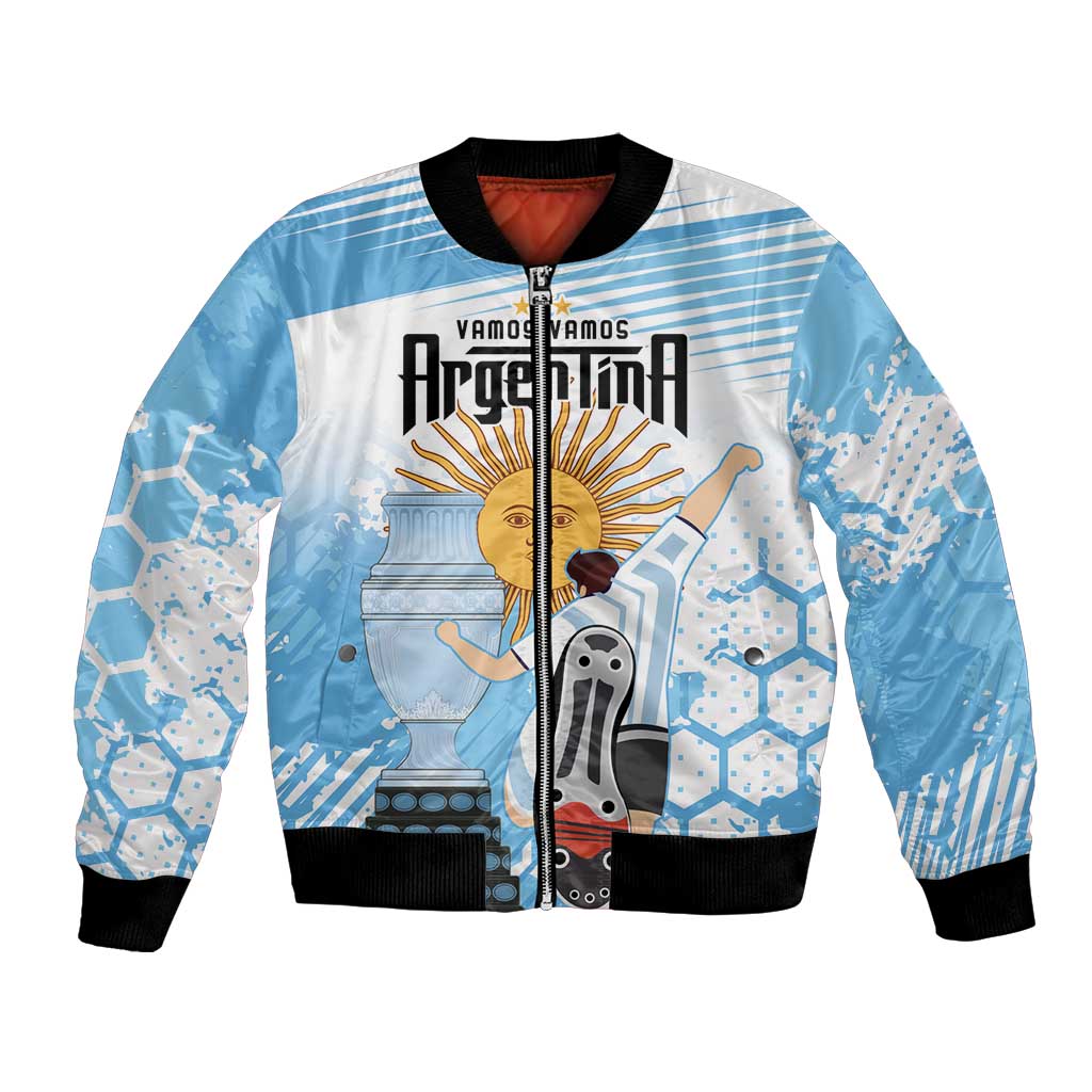 Blue Argentina football bomber jacket, black ribbed trim, front graphic print