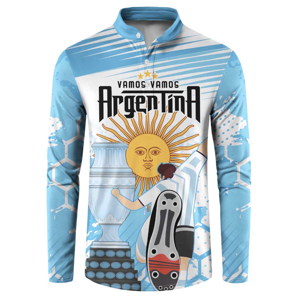 Blue football button sweatshirt, front graphic with sun figure, woman and drum