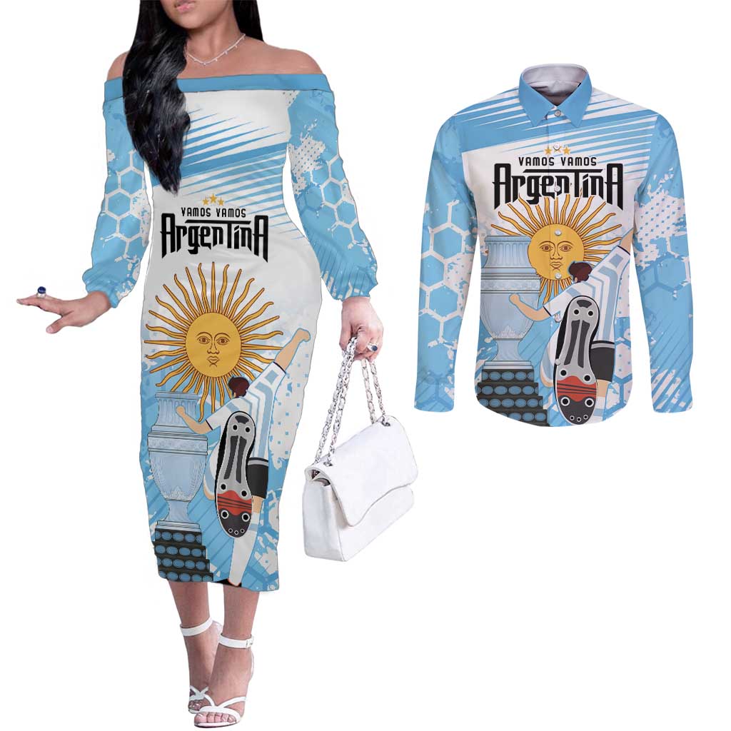 Argentina Football Custom Couples Matching Off The Shoulder Long Sleeve Dress and Long Sleeve Button Shirt Campeones De la Historia - Blue Style