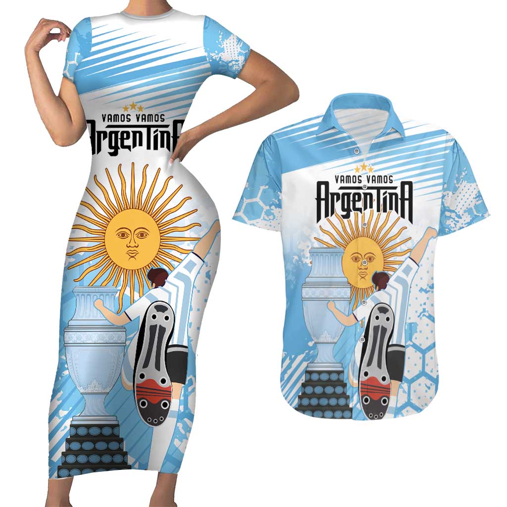 Argentina Football Couples Matching Short Sleeve Bodycon Dress and Hawaiian Shirt Campeones De la Historia - Blue Style LT9 - Wonder Print Shop