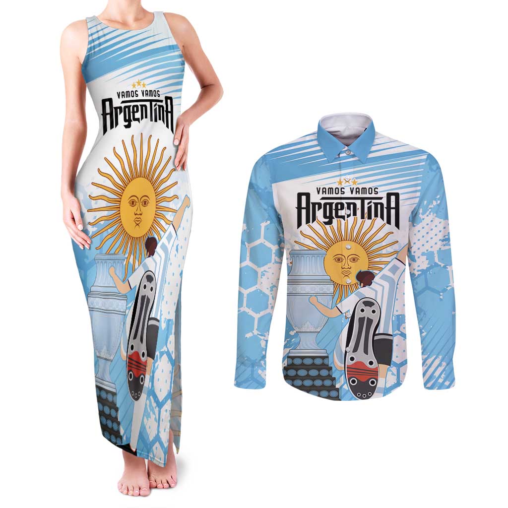 Argentina Football Couples Matching Tank Maxi Dress and Long Sleeve Button Shirt Campeones De la Historia - Blue Style LT9 - Wonder Print Shop