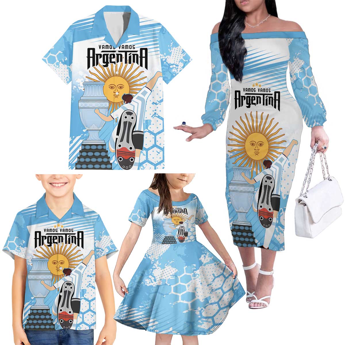 Argentina Football Family Matching Off The Shoulder Long Sleeve Dress and Hawaiian Shirt Campeones De la Historia - Blue Style - Wonder Print Shop