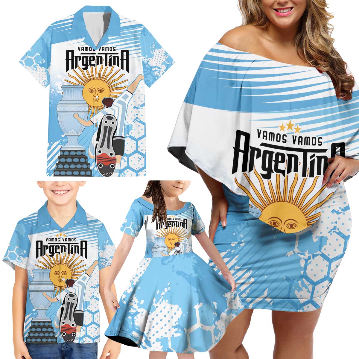 Argentina Football Family Matching Off Shoulder Short Dress and Hawaiian Shirt Campeones De la Historia - Blue Style LT9 - Wonder Print Shop