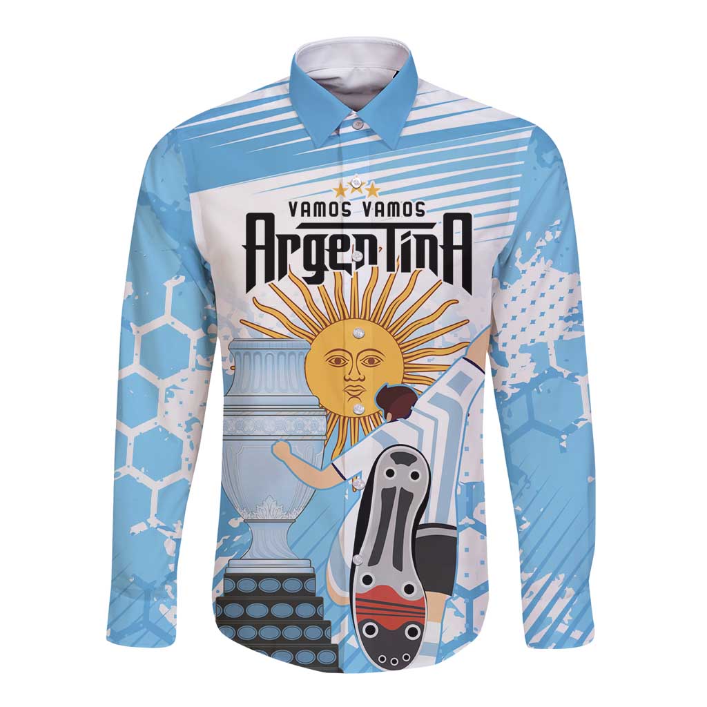 Blue long-sleeve button football shirt with front character and text graphic