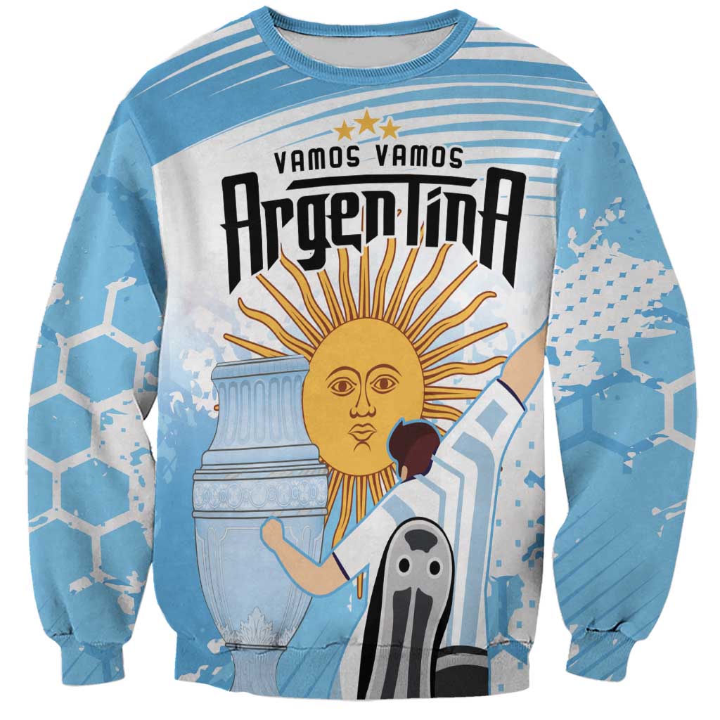 Blue crewneck football sweatshirt with large front sun-and-figure graphic, striped sleeves