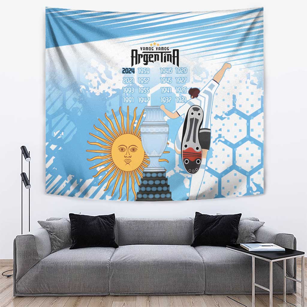 Blue Argentina football tapestry wall hanging with sun face, soccer boot, and monument graphic