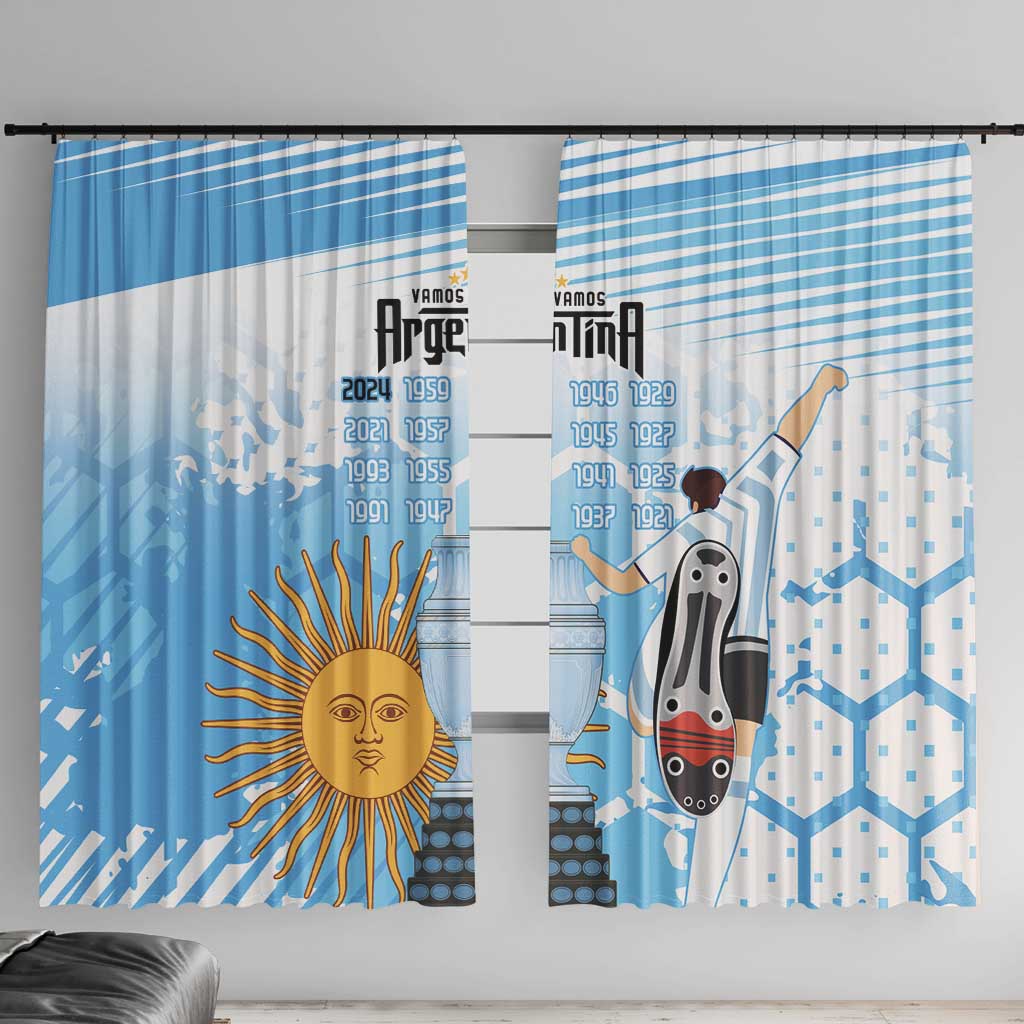 Blue Argentina window curtain pair with vertical artwork and sun face and soccer ball character.