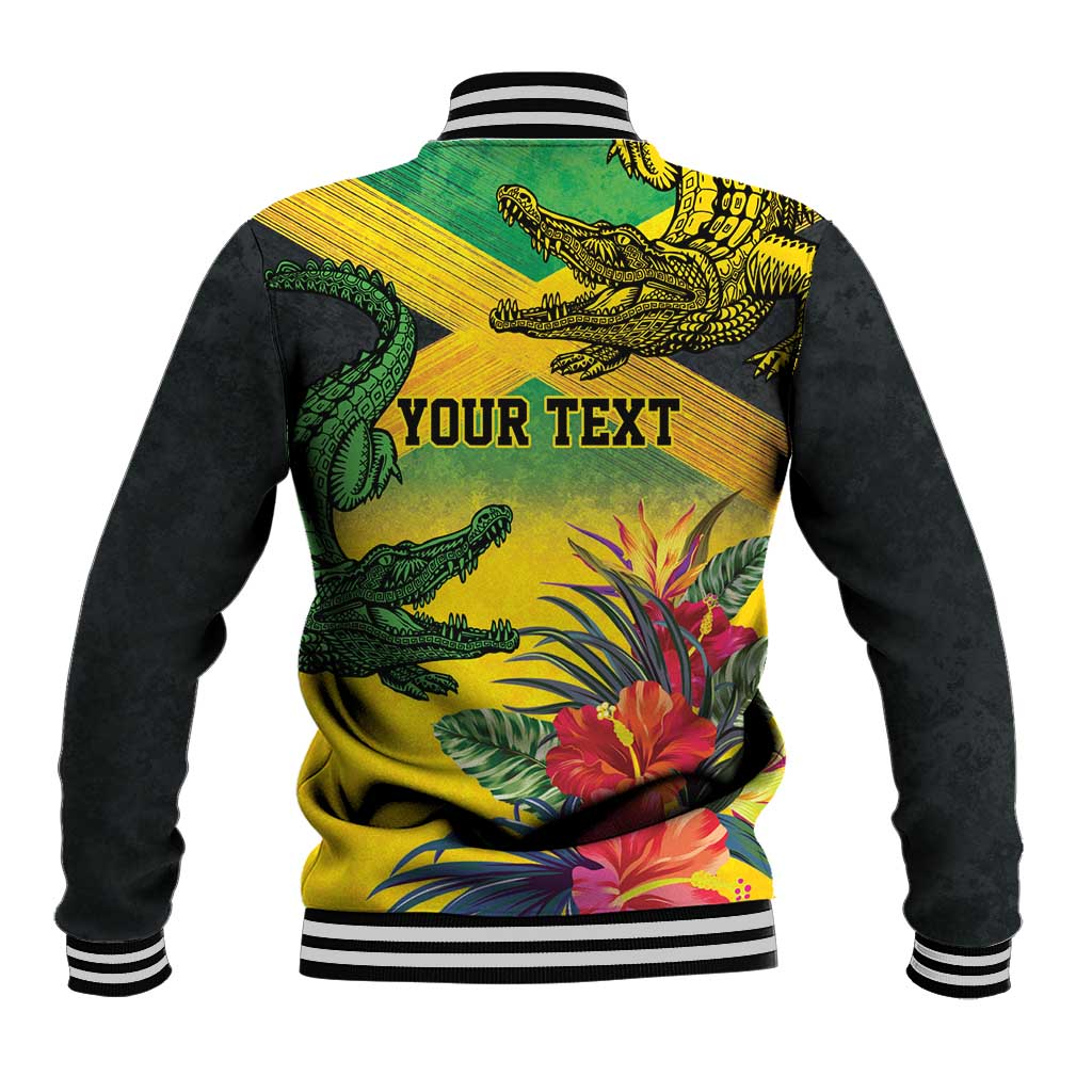 Personalized Jamaica Crocodile Baseball Jacket Tropical Flowers Grunge Flag - Wonder Print Shop