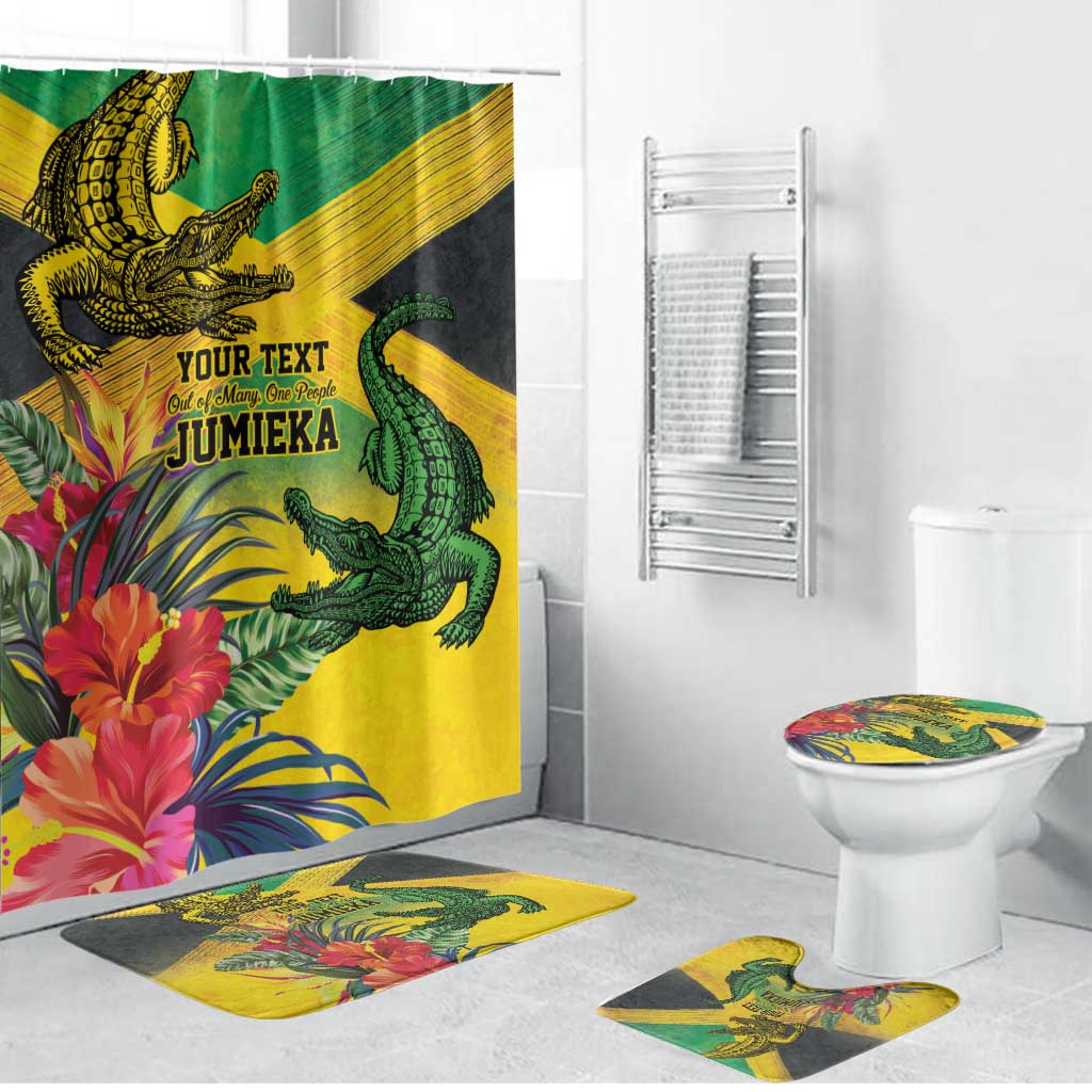 Personalized Jamaica Crocodile Bathroom Set Tropical Flowers Grunge Flag - Wonder Print Shop