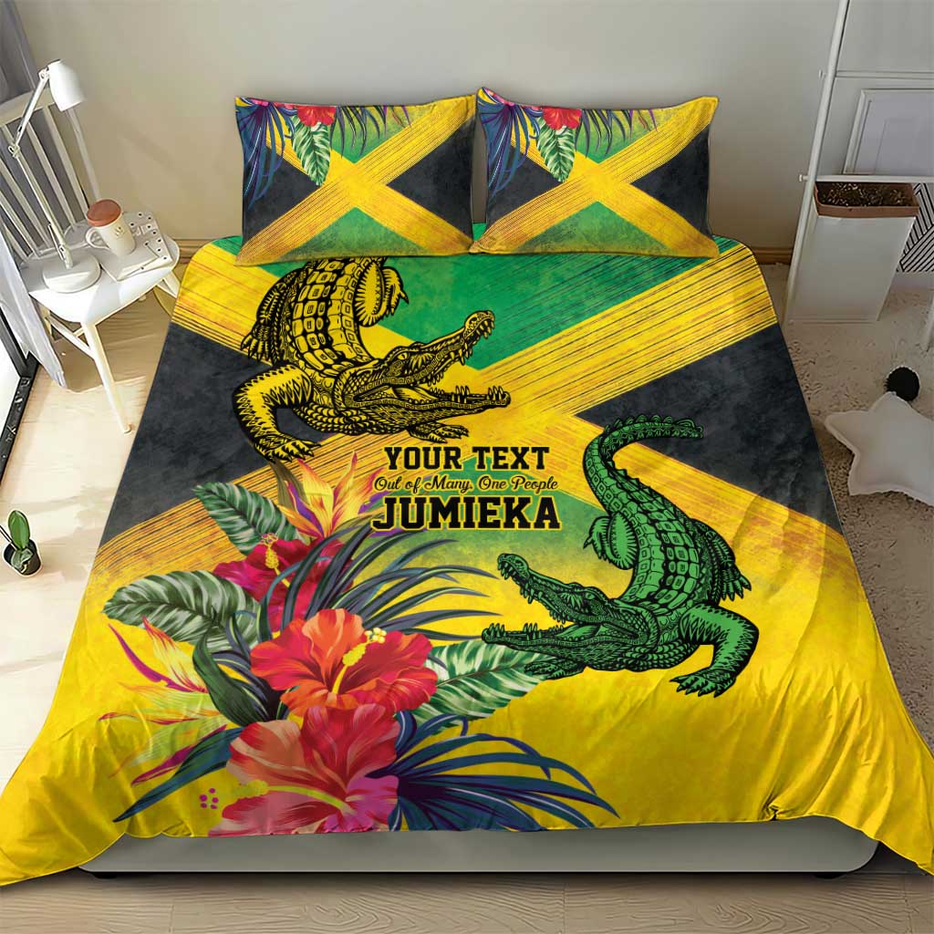 Personalized Jamaica Crocodile Bedding Set Tropical Flowers Grunge Flag - Wonder Print Shop