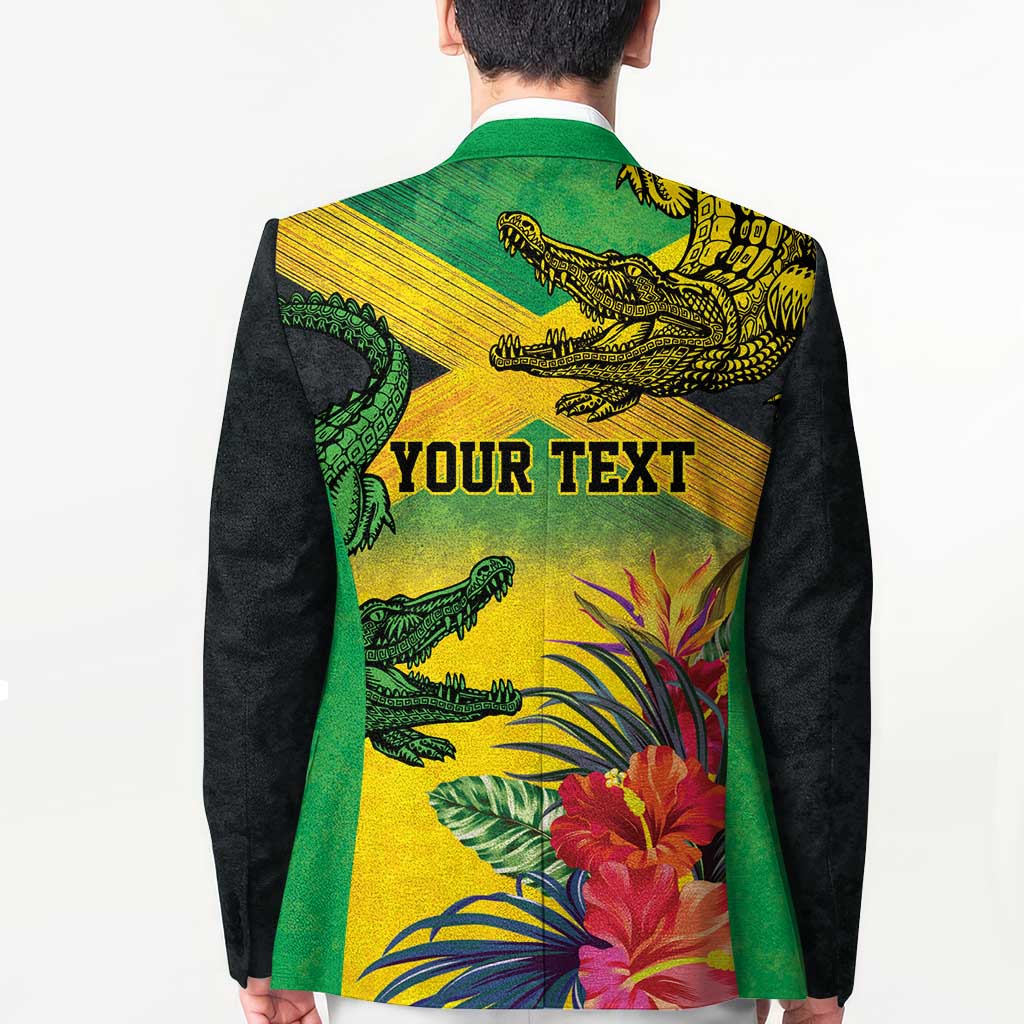Personalized Jamaica Crocodile Blazer Tropical Flowers Grunge Flag - Wonder Print Shop