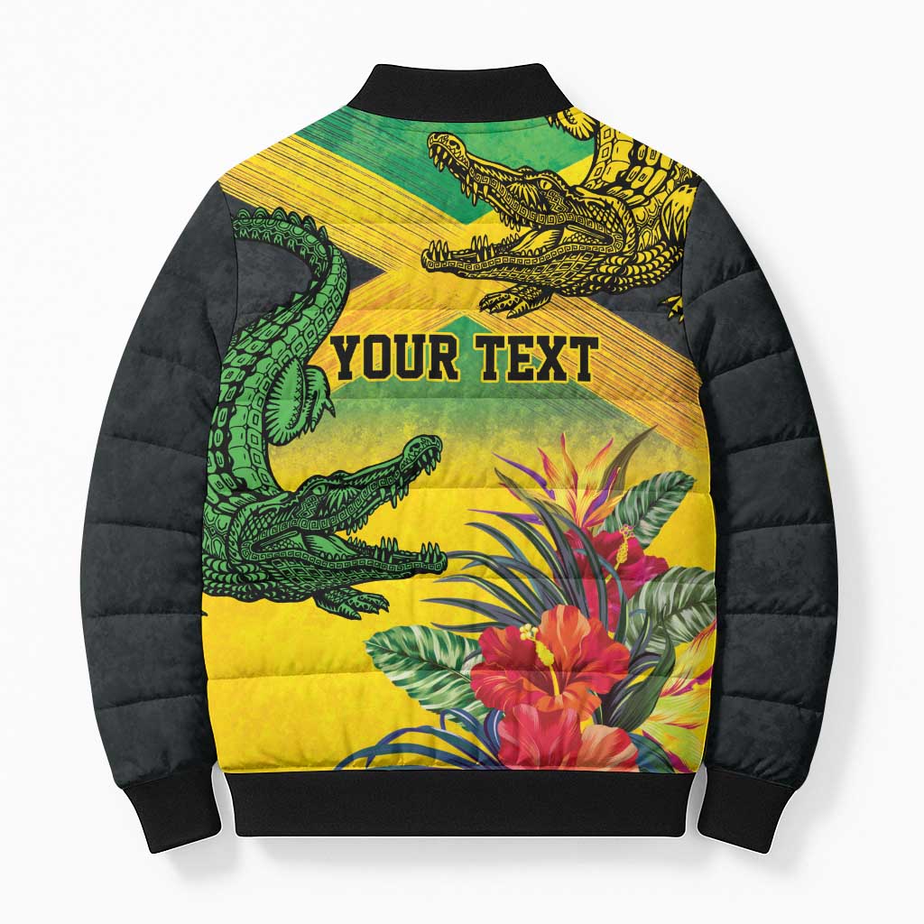 Personalized Jamaica Crocodile Bomber Puffer Jacket Tropical Flowers Grunge Flag - Wonder Print Shop