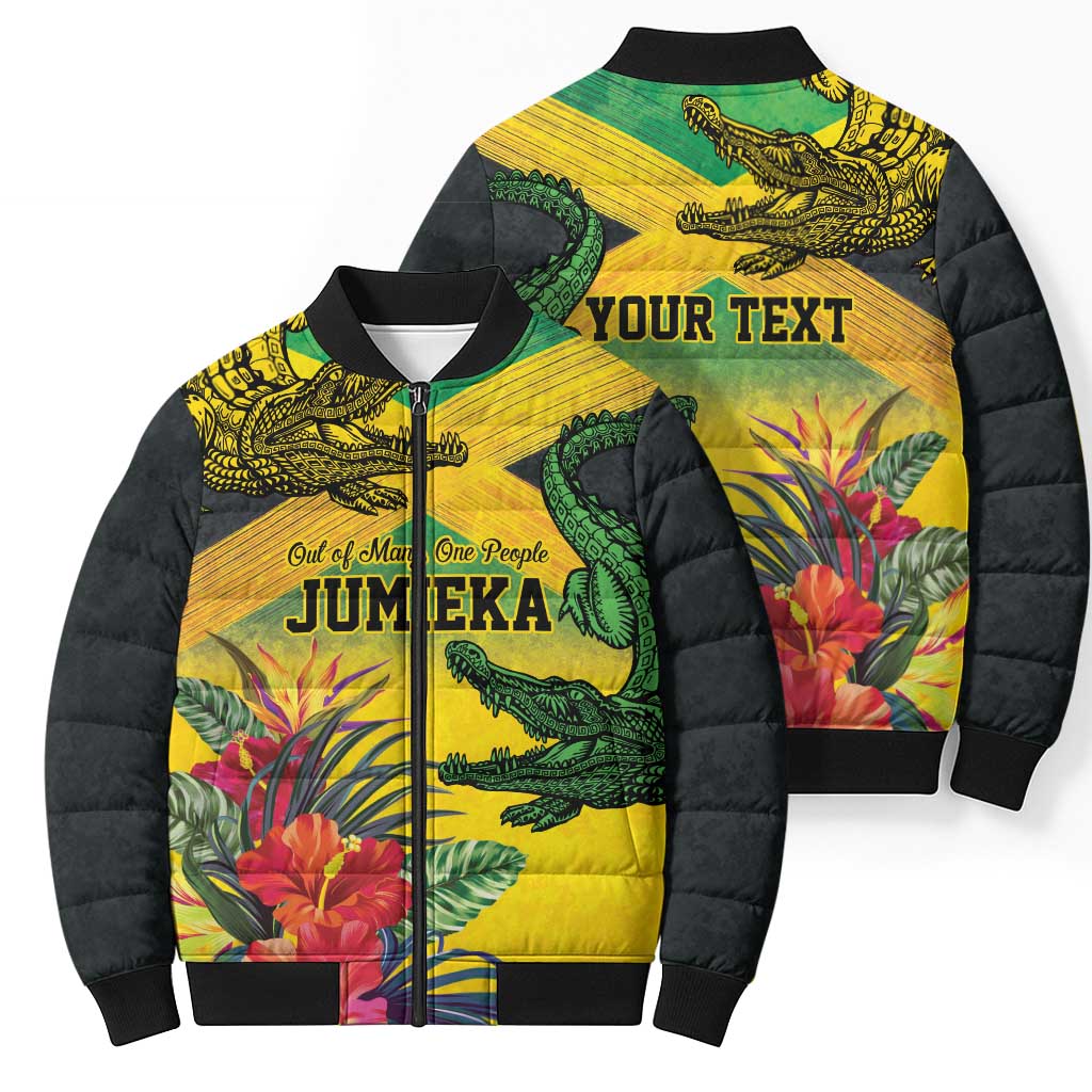 Personalized Jamaica Crocodile Bomber Puffer Jacket Tropical Flowers Grunge Flag - Wonder Print Shop
