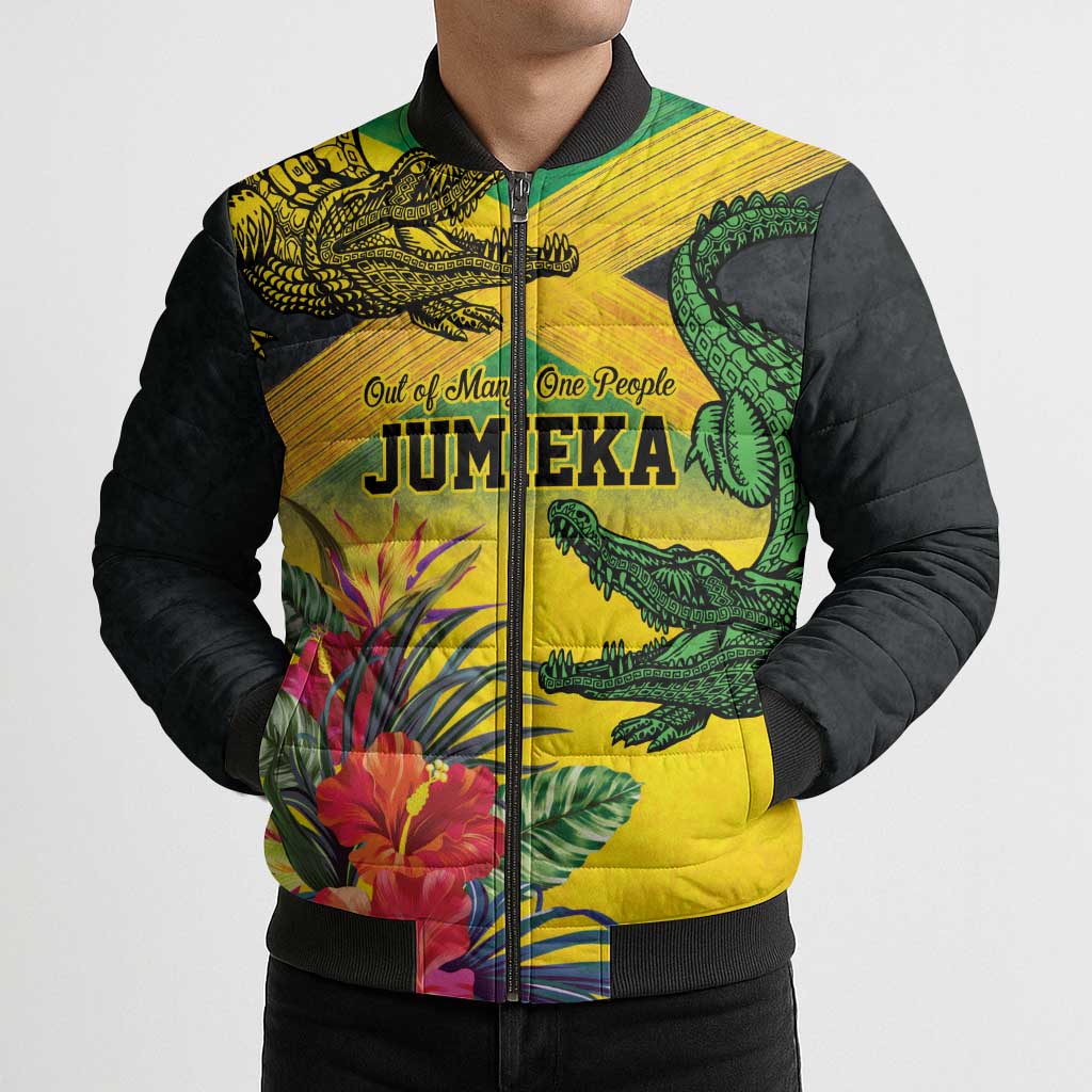 Personalized Jamaica Crocodile Bomber Puffer Jacket Tropical Flowers Grunge Flag - Wonder Print Shop