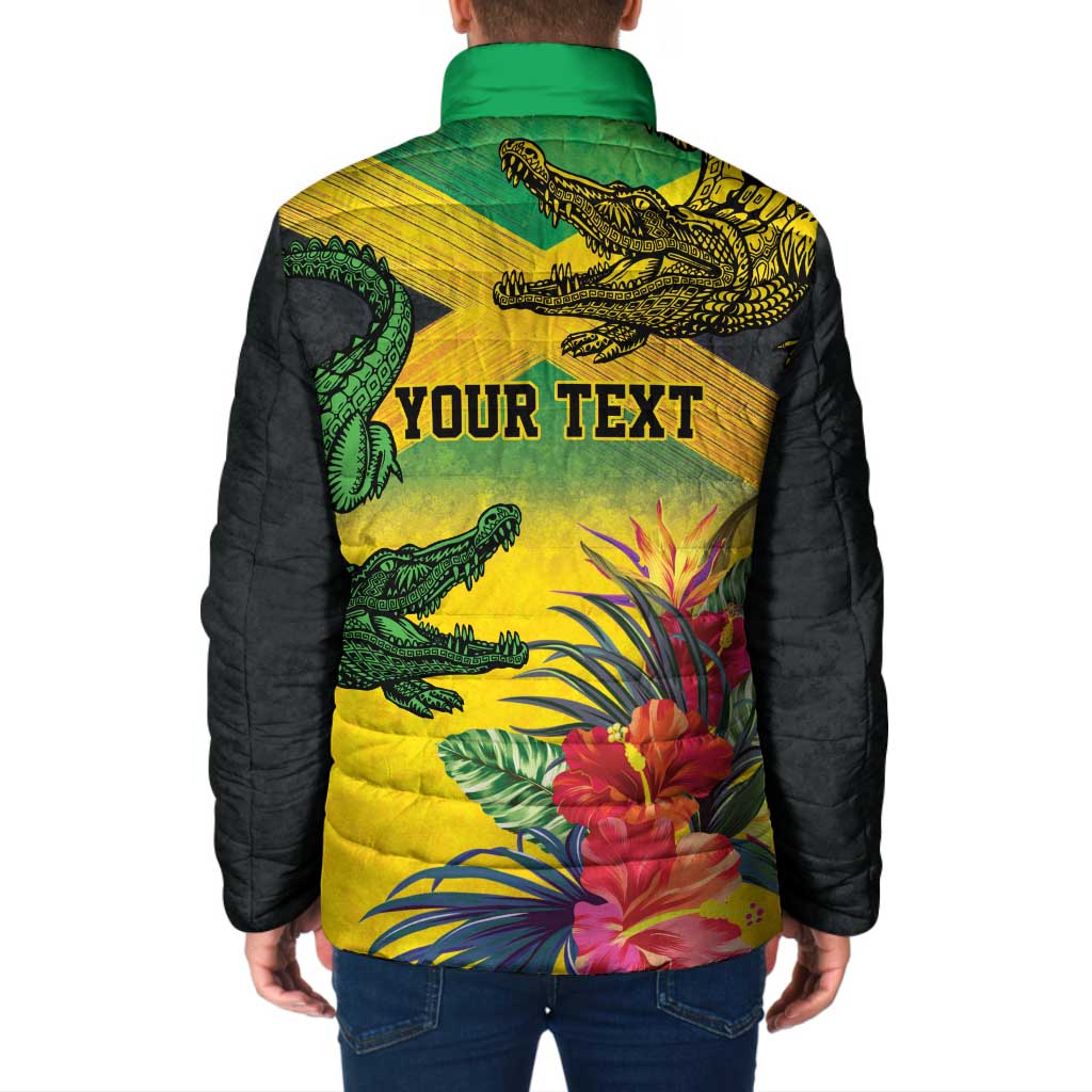 Personalized Jamaica Crocodile Padded Jacket Tropical Flowers Grunge Flag - Wonder Print Shop