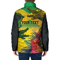 Personalized Jamaica Crocodile Padded Jacket Tropical Flowers Grunge Flag - Wonder Print Shop