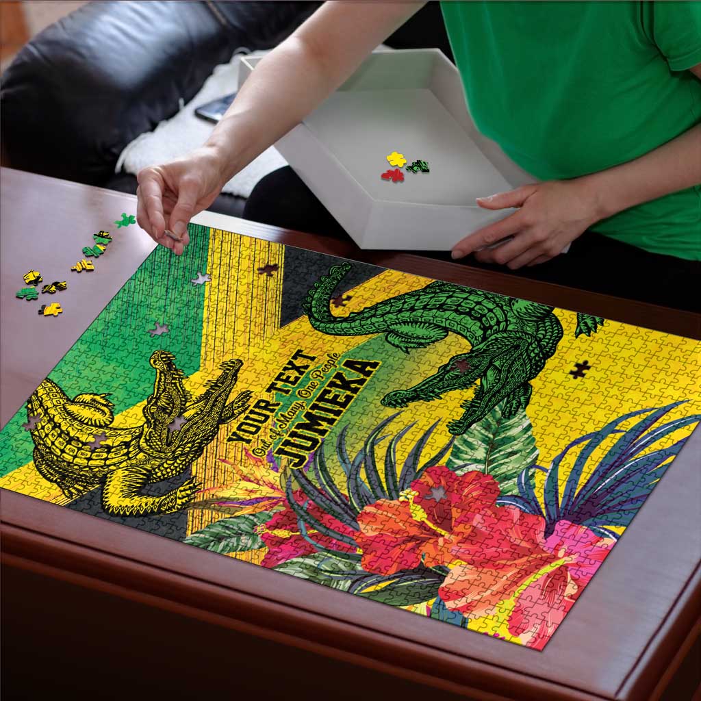 Personalized Jamaica Crocodile Puzzle Tropical Flowers Grunge Flag - Wonder Print Shop