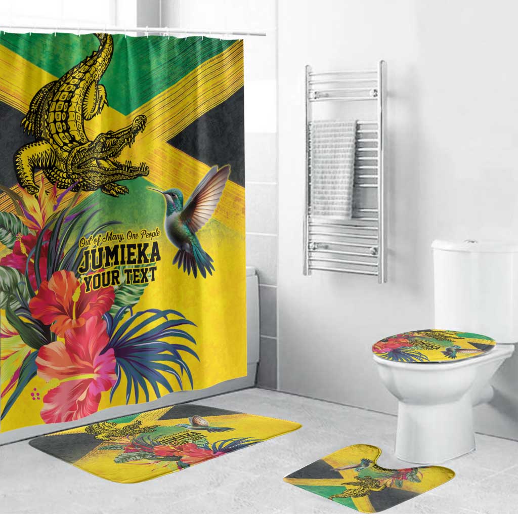 Personalized Jamaica Crocodile Hummingbird Bathroom Set Tropical Flowers Grunge Flag - Wonder Print Shop