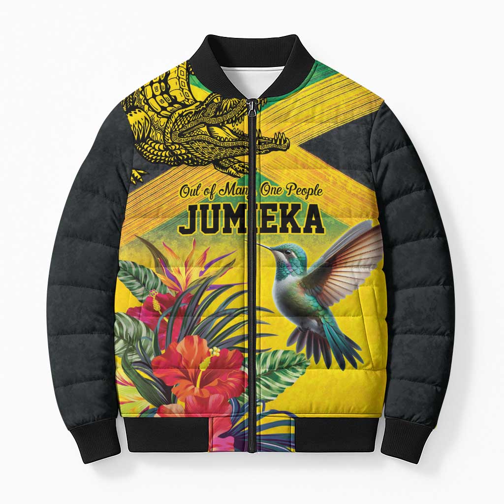 Personalized Jamaica Crocodile Hummingbird Bomber Puffer Jacket Tropical Flowers Grunge Flag - Wonder Print Shop