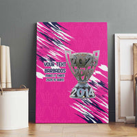 Pink canvas wall art with trophy graphic and bold event text on abstract stripe design