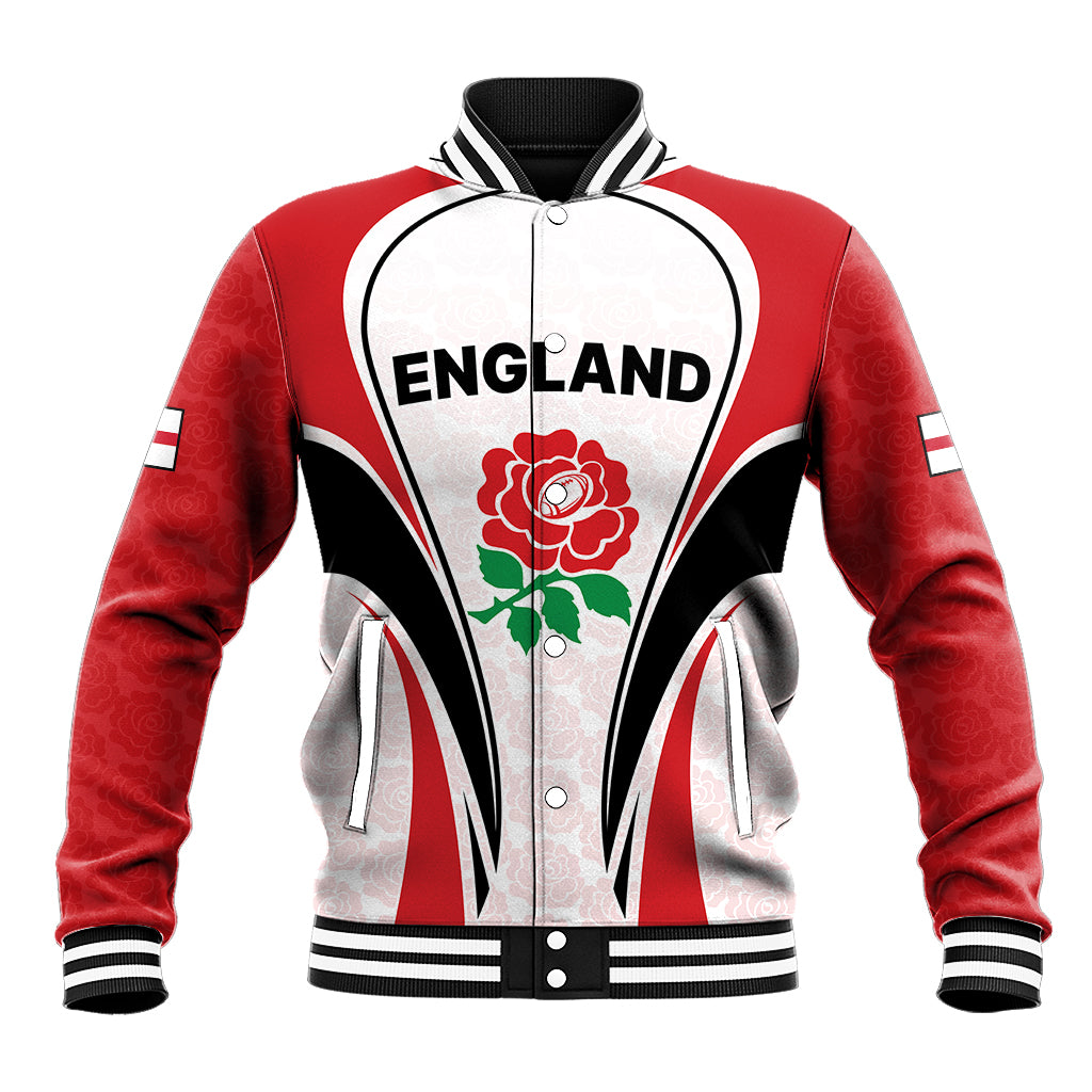 Red-and-white varsity baseball jacket with black trim, zip front, England crest rose.