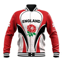 Red-and-white varsity baseball jacket with black trim, zip front, England crest rose.