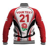 Back of red-and-white varsity baseball jacket with black trim, zip, Your Text 21, rose.
