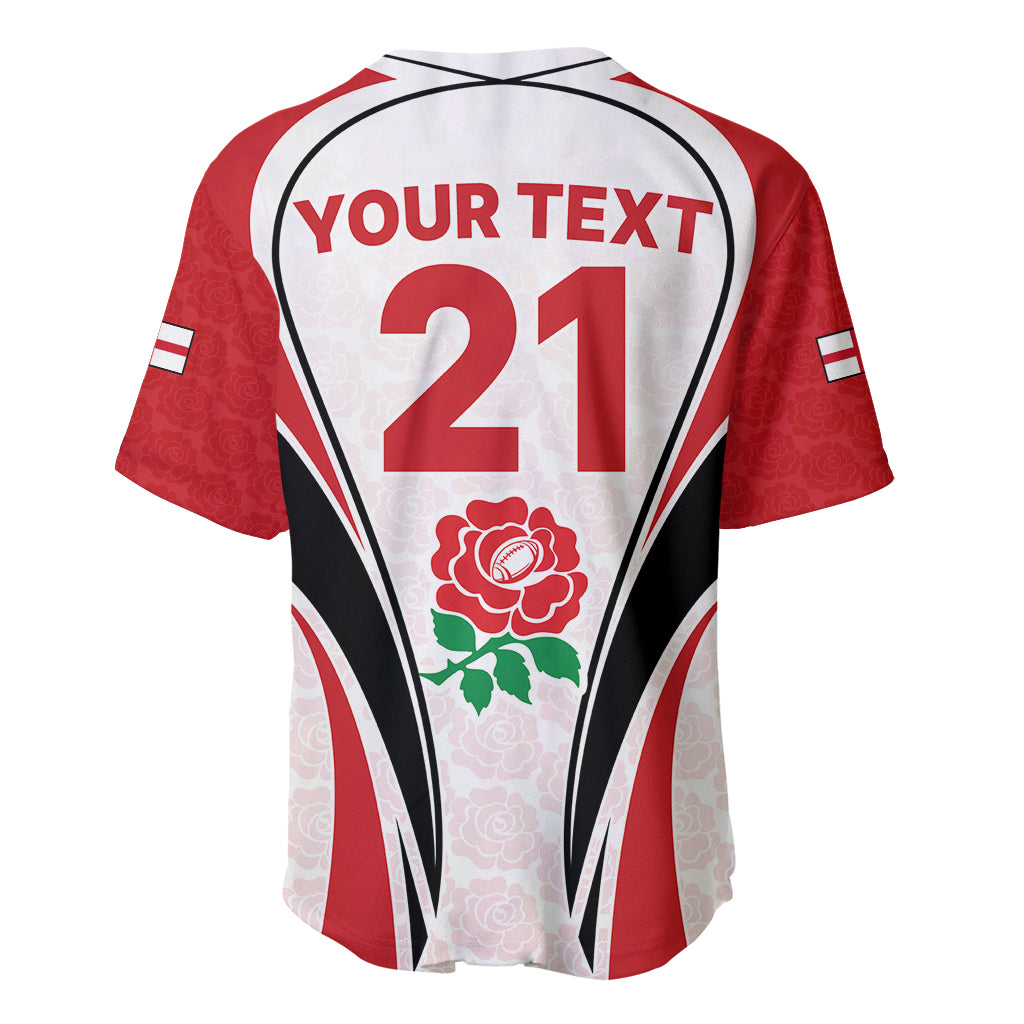 White and red baseball rugby jersey back with YOUR TEXT 21 and rose emblem