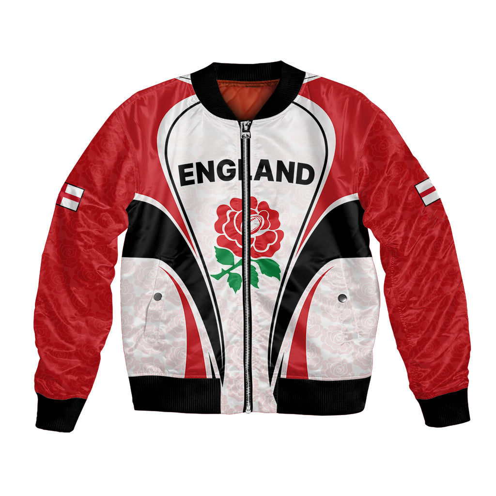 Red and white varsity bomber jacket with black ribbed collar, full zip, England crest front