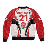 Back of red and white bomber jacket with black ribbed hem, zip, YOUR TEXT 21 graphic