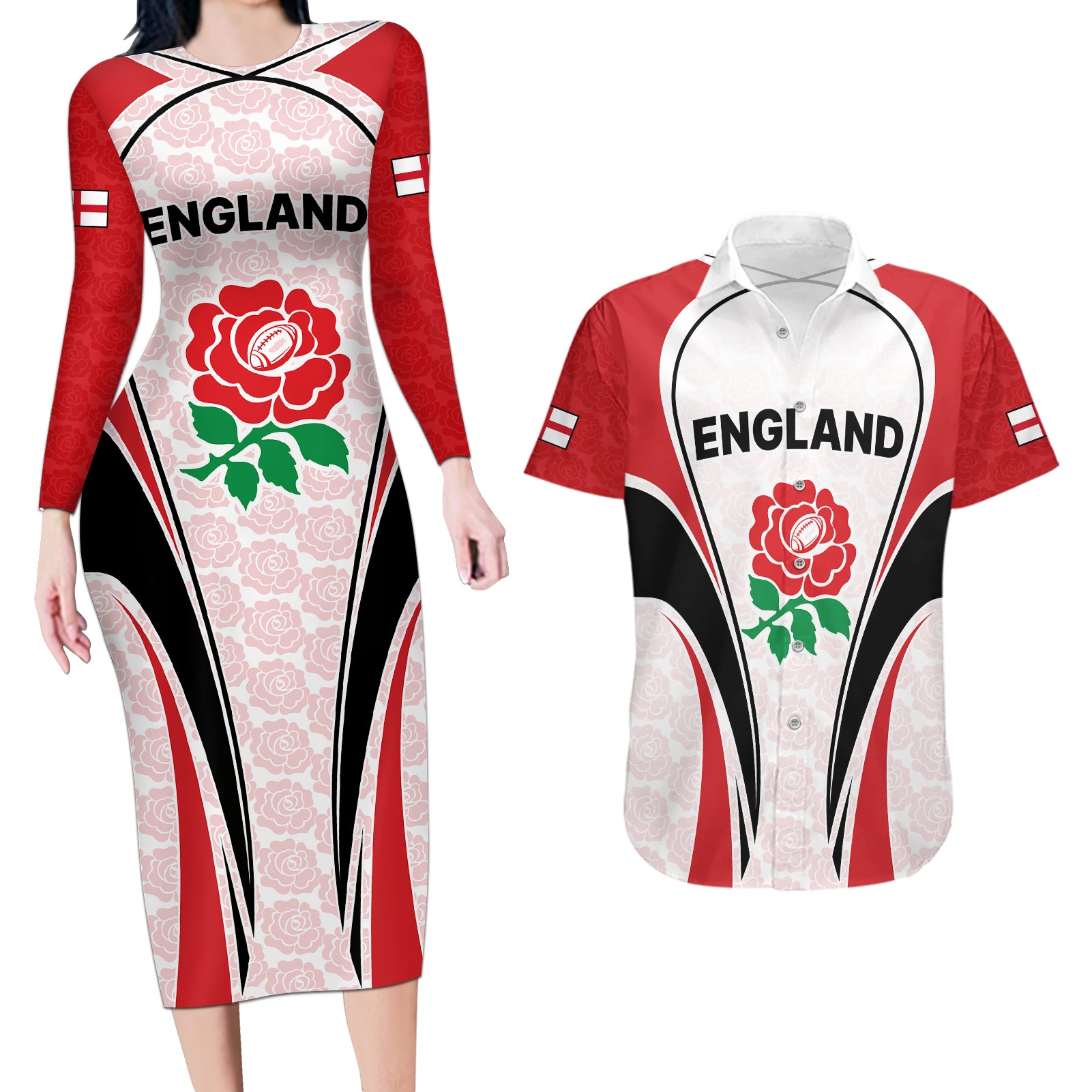 Custom England Rugby Couples Matching Long Sleeve Bodycon Dress and Hawaiian Shirt Come On Red Rose Word Cup 2023 LT9 - Wonder Print Shop