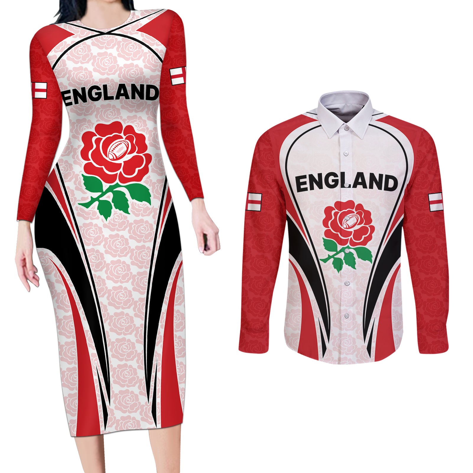 Custom England Rugby Couples Matching Long Sleeve Bodycon Dress and Long Sleeve Button Shirts Come On Red Rose Word Cup 2023 LT9 - Wonder Print Shop