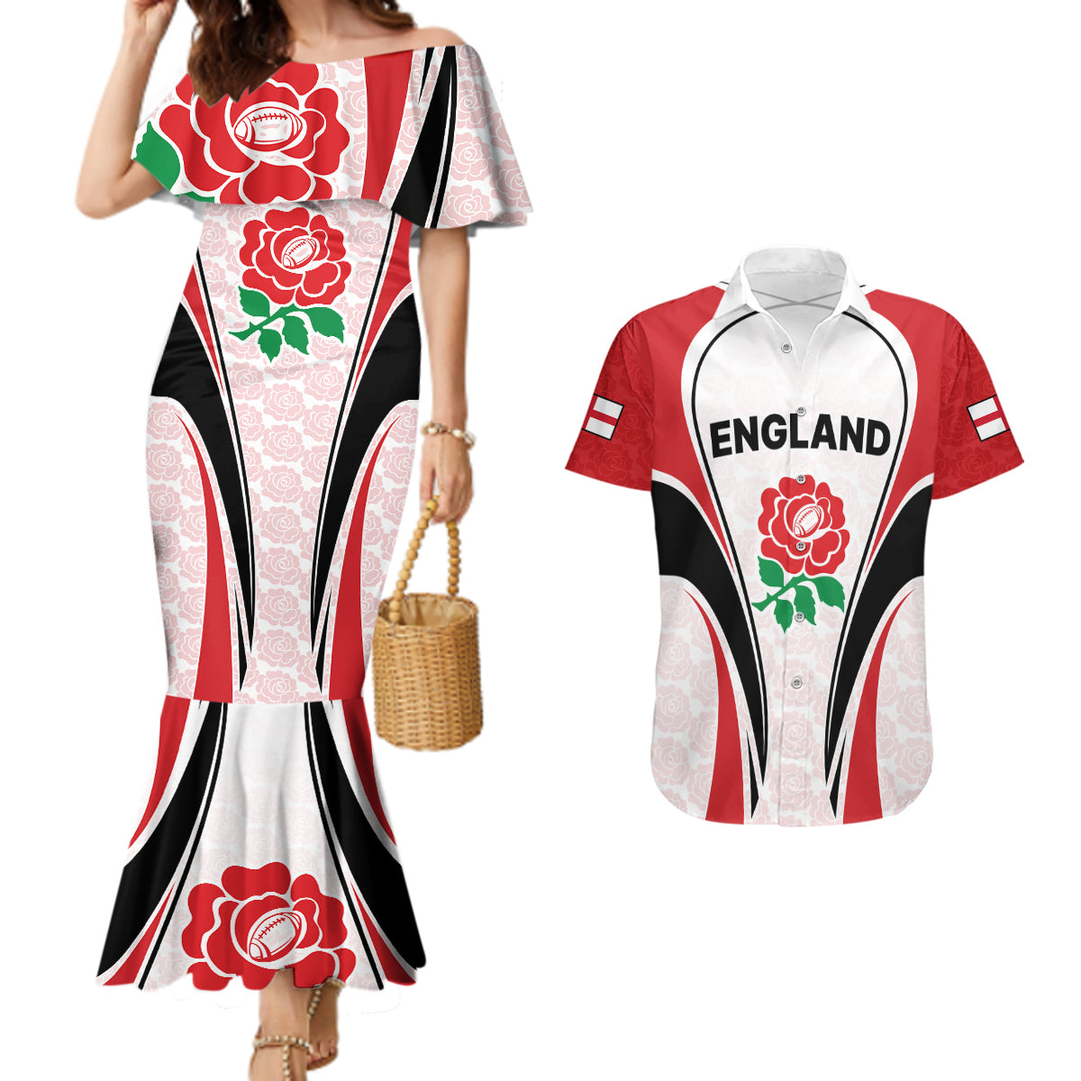 Custom England Rugby Couples Matching Mermaid Dress and Hawaiian Shirt Come On Red Rose Word Cup 2023 LT9 - Wonder Print Shop