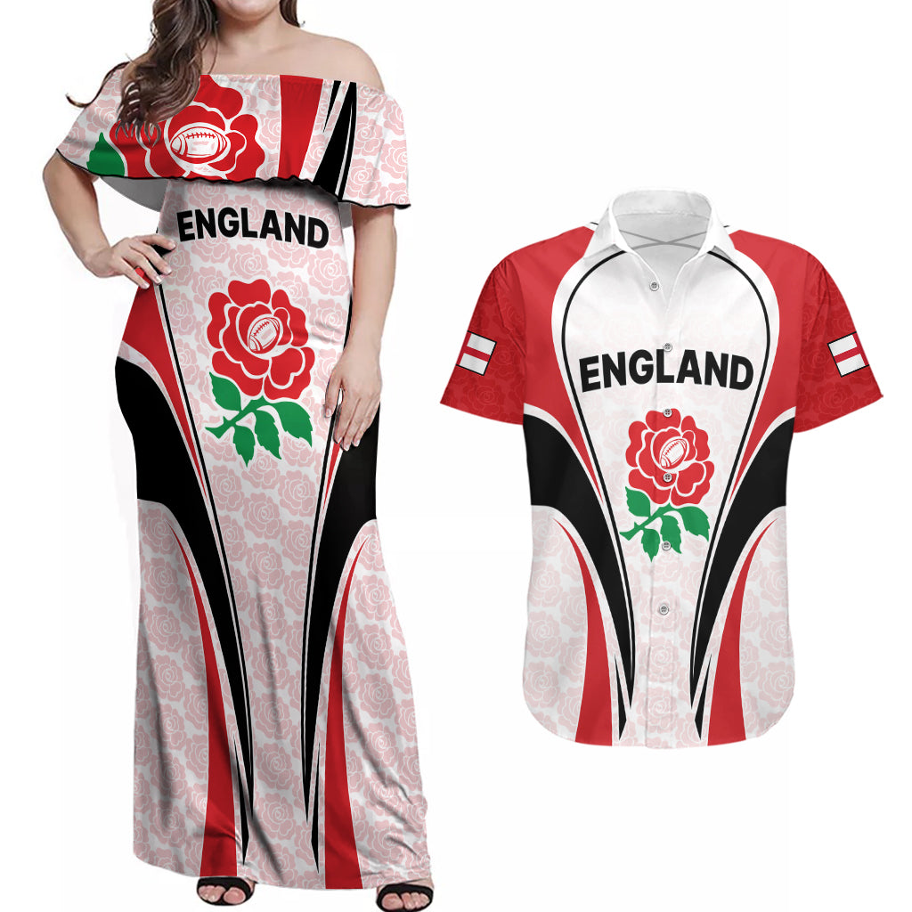 Custom England Rugby Couples Matching Off Shoulder Maxi Dress and Hawaiian Shirt Come On Red Rose Word Cup 2023 LT9 - Wonder Print Shop