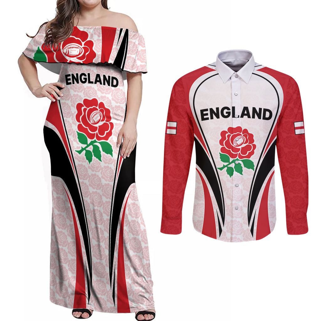 Custom England Rugby Couples Matching Off Shoulder Maxi Dress and Long Sleeve Button Shirts Come On Red Rose Word Cup 2023 LT9 - Wonder Print Shop