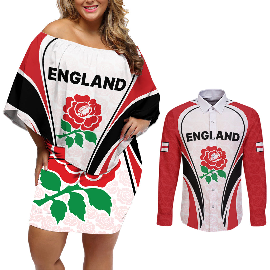 Custom England Rugby Couples Matching Off Shoulder Short Dress and Long Sleeve Button Shirts Come On Red Rose Word Cup 2023 LT9 - Wonder Print Shop