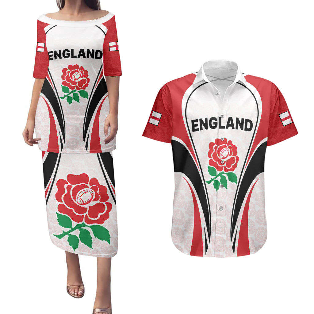 Custom England Rugby Couples Matching Puletasi Dress and Hawaiian Shirt Come On Red Rose Word Cup 2023 LT9 - Wonder Print Shop