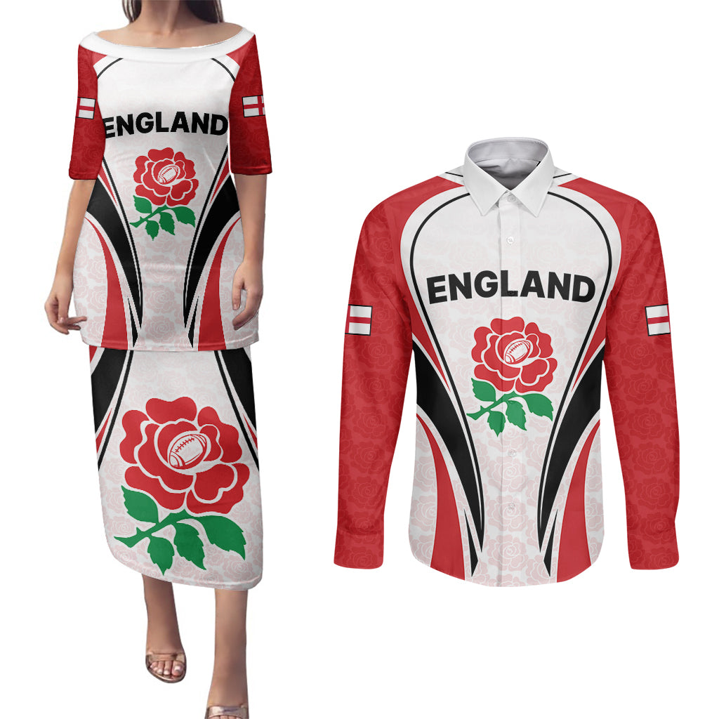 Custom England Rugby Couples Matching Puletasi Dress and Long Sleeve Button Shirts Come On Red Rose Word Cup 2023 LT9 - Wonder Print Shop