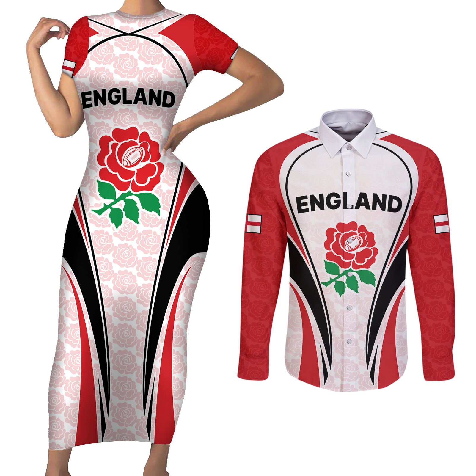 Custom England Rugby Couples Matching Short Sleeve Bodycon Dress and Long Sleeve Button Shirts Come On Red Rose Word Cup 2023 LT9 - Wonder Print Shop