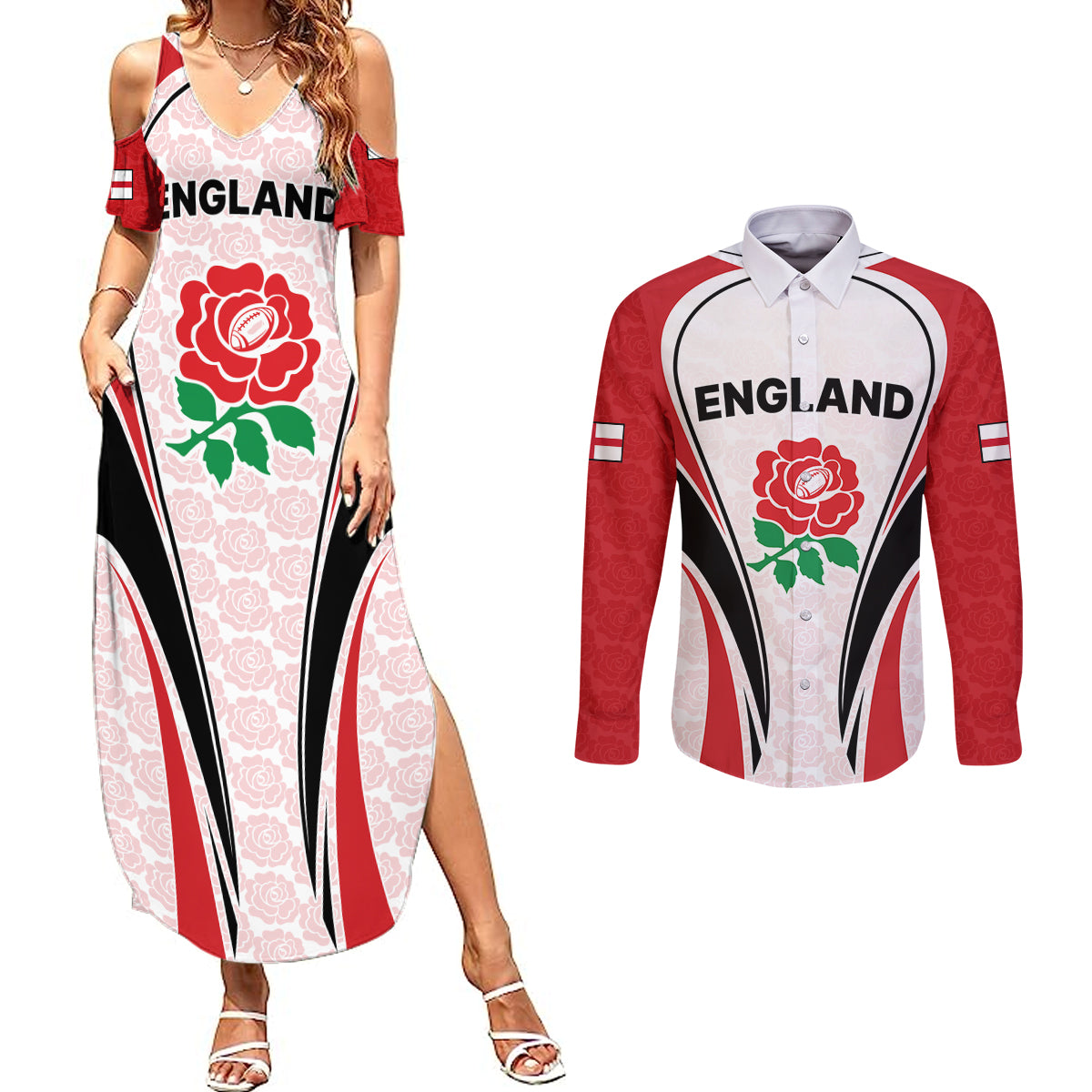 Custom England Rugby Couples Matching Summer Maxi Dress and Long Sleeve Button Shirts Come On Red Rose Word Cup 2023 LT9 - Wonder Print Shop